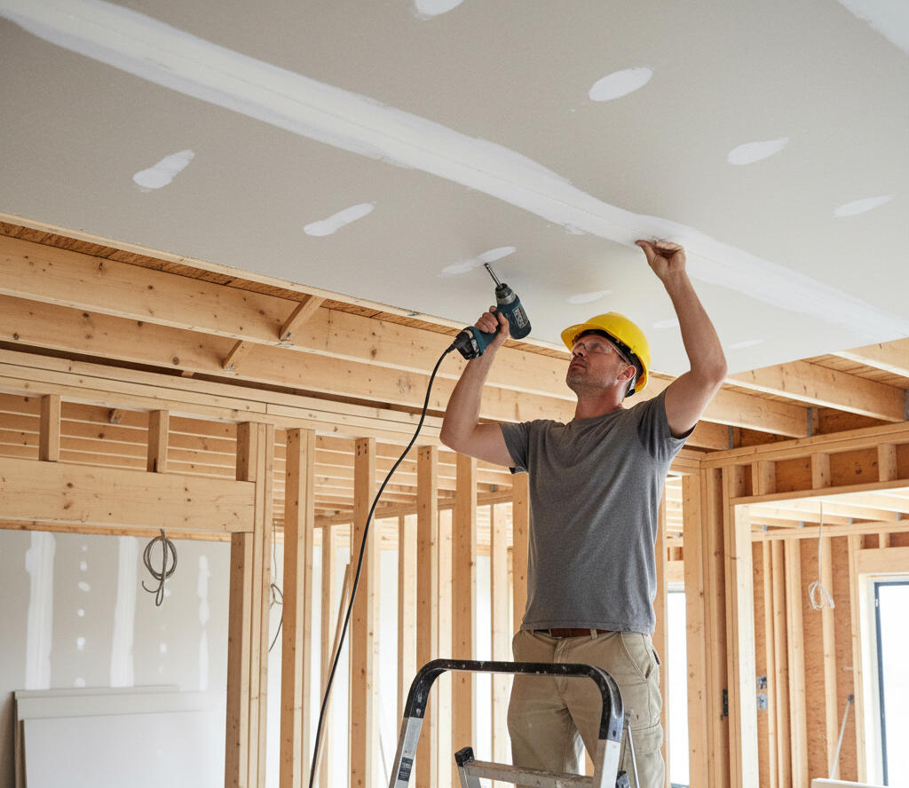 Drywall, patches, water stains, paint