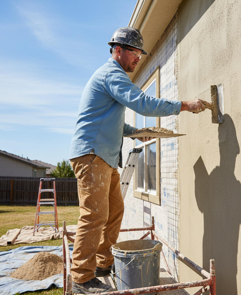 Man is smoothing stucco as he applies it to a mesh-covered wall.